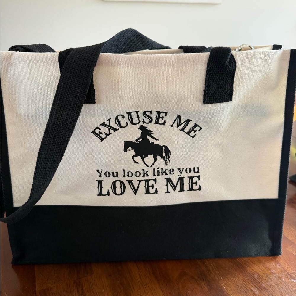 Canvas Tote Bag with Cowboy Graphic - Black & Cream